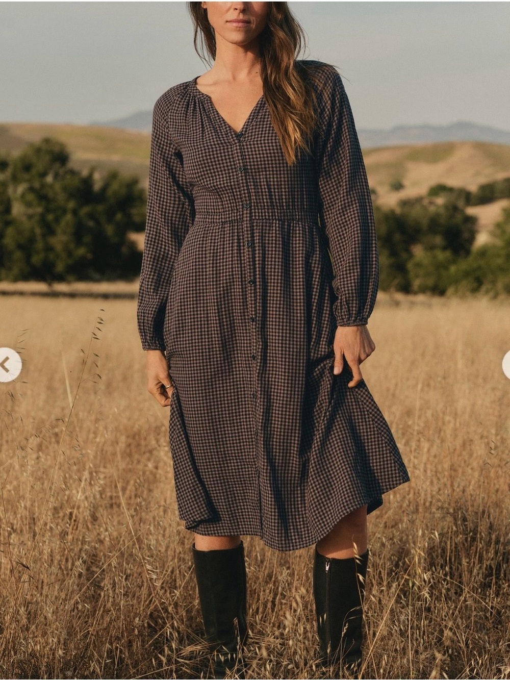 Pact. Autumn Gingham Coastal Double Gauze Poet Sleeve Dress